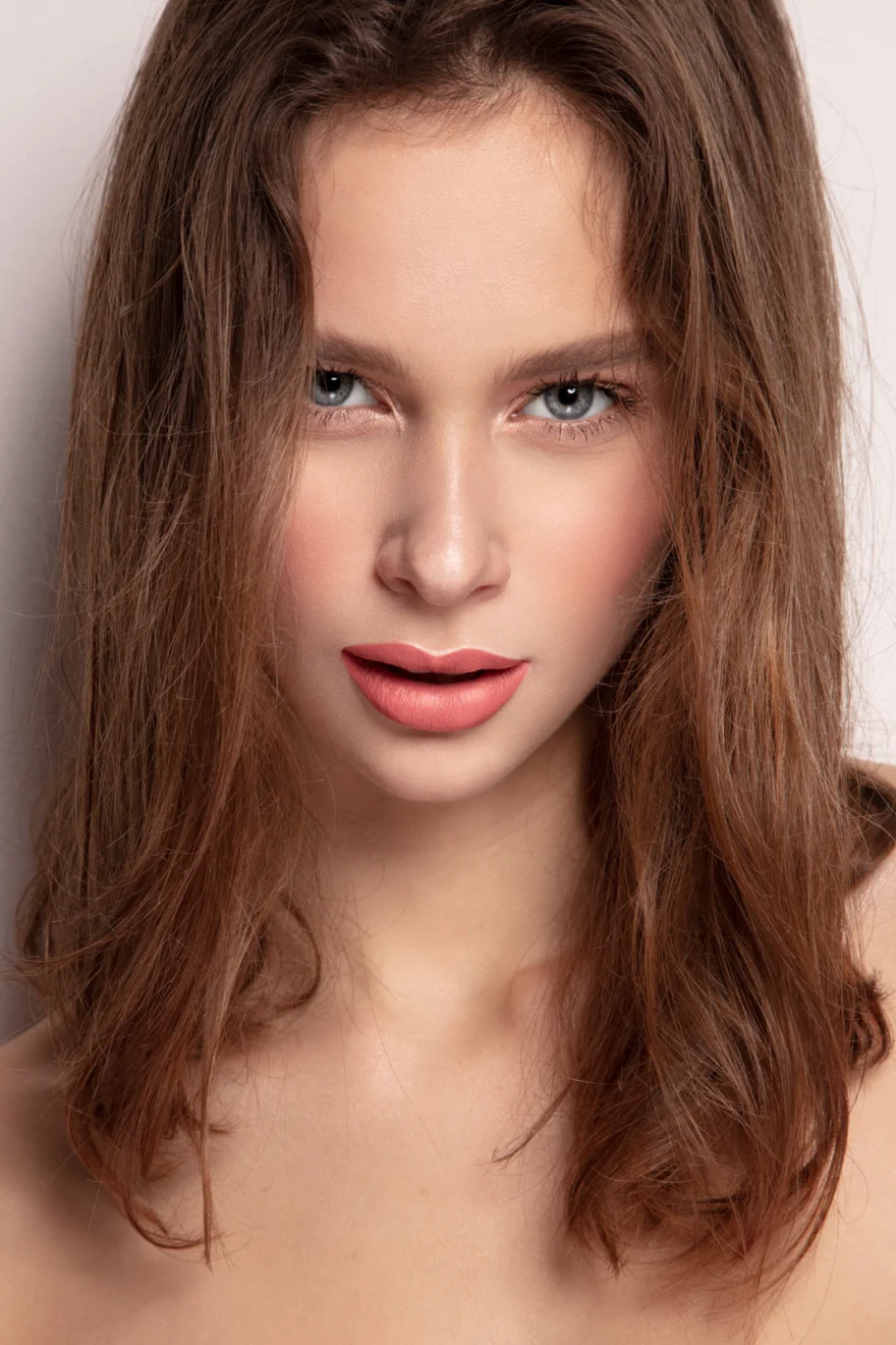 Frontal beauty portrait with coral lips and soft natural make-up, Philip Martin's campaign photographed by Ina Cenusa