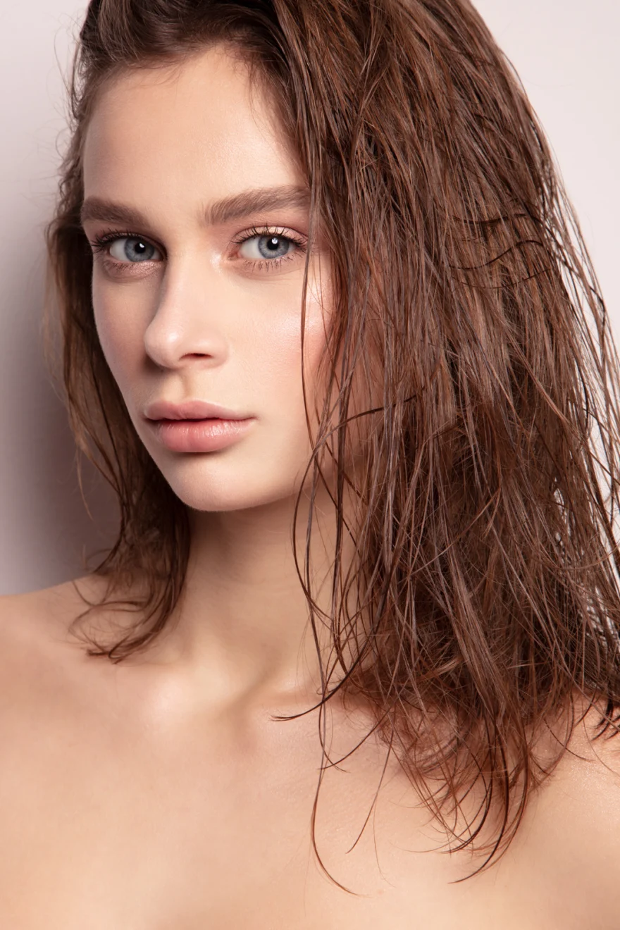 Natural beauty portrait with wet-look hair and bare skin, Philip Martin's campaign photographed by Ina Cenusa