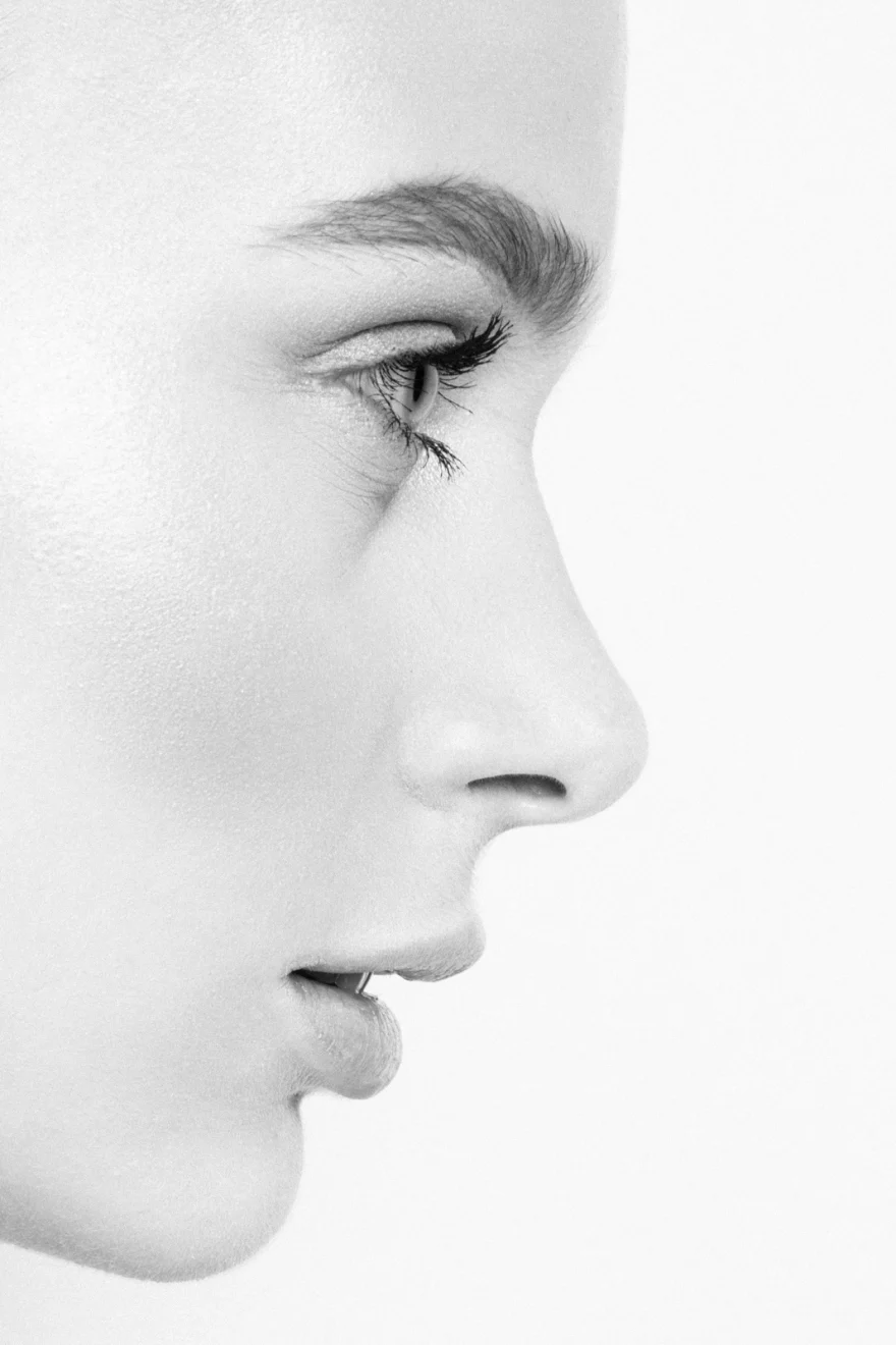 High-key black and white profile of the face, Philip Martin's beauty campaign, photographed by Ina Cenusa