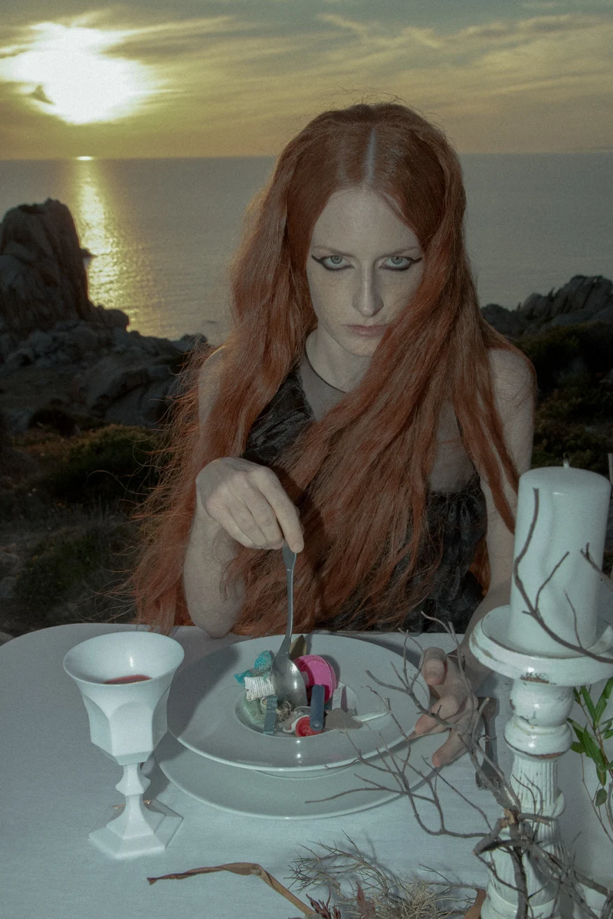 Surreal table setting by the sea at sunset, closing image of the story, SHOT Magazine editorial photographed by Ina Cenusa