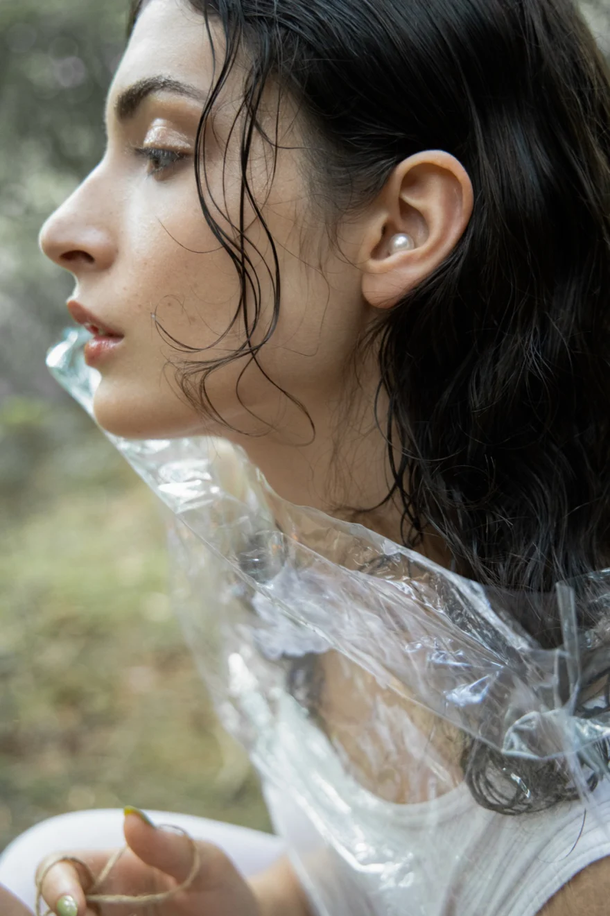 Profile portrait with translucent cellophane draped over the shoulder, SHOT Magazine editorial photographed by Ina Cenusa