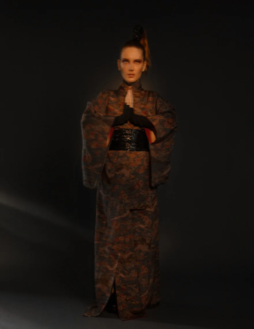 Full-length shot of a patterned kimono with an obi belt in near darkness, Hunter Magazine editorial photographed by Ina Cenusa