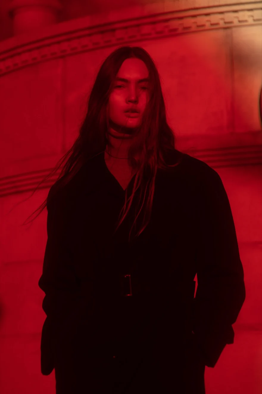 Portrait bathed in deep red light, closing image of the series, Daria personal project photographed by Ina Cenusa