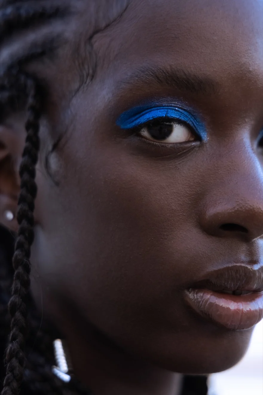 Beauty close-up with electric blue eyeshadow, Ermanno Scervino × SHOT Magazine editorial photographed by Ina Cenusa