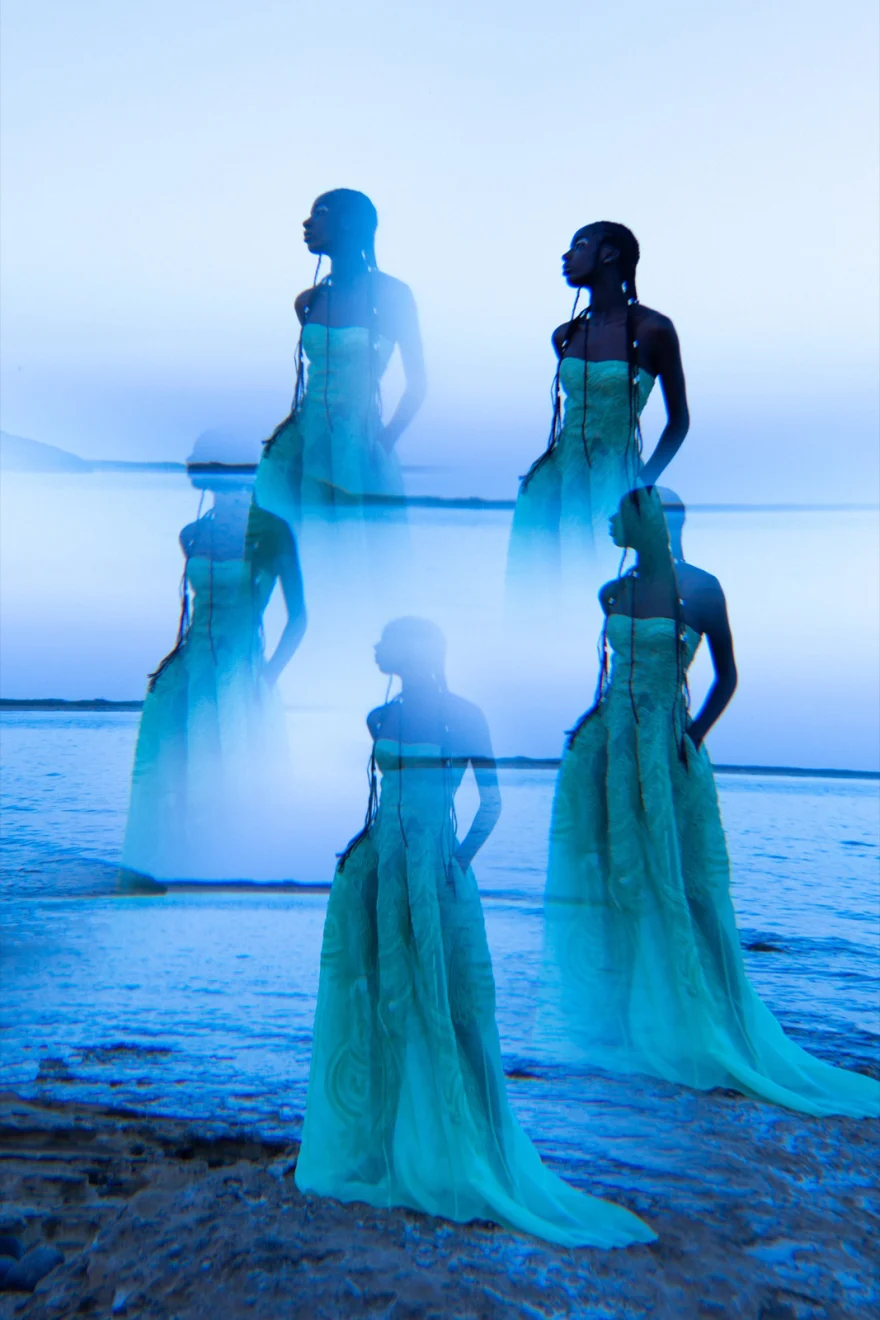 Multiplied figures in a pale green gown by the sea at dusk, Ermanno Scervino × SHOT Magazine editorial photographed by Ina Cenusa