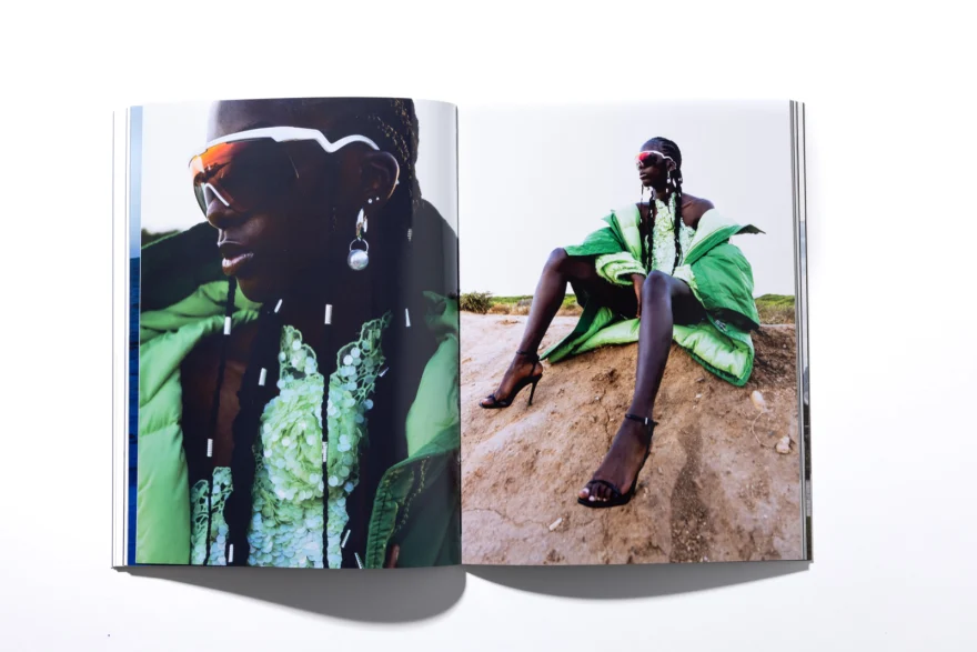 Printed magazine spread with the green puffer looks, Ermanno Scervino × SHOT Magazine editorial photographed by Ina Cenusa