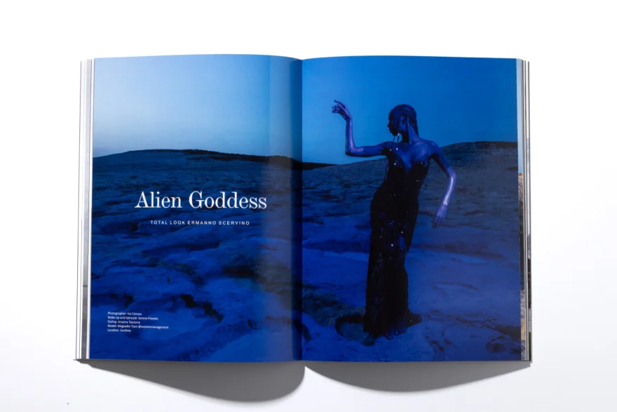 Printed opening spread of the Alien Goddess story in SHOT Magazine, Ermanno Scervino × SHOT Magazine editorial photographed by Ina Cenusa