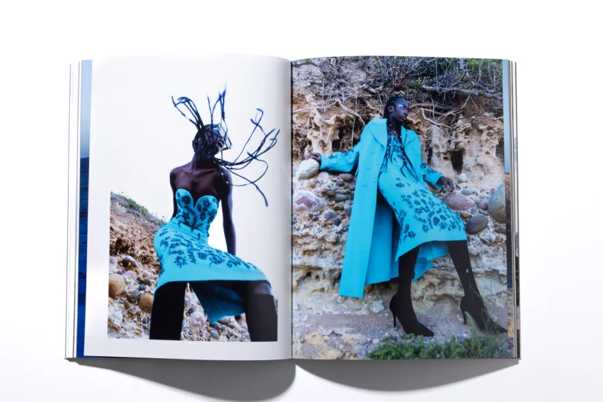 Printed magazine spread with the turquoise Ermanno Scervino looks, Ermanno Scervino × SHOT Magazine editorial photographed by Ina Cenusa
