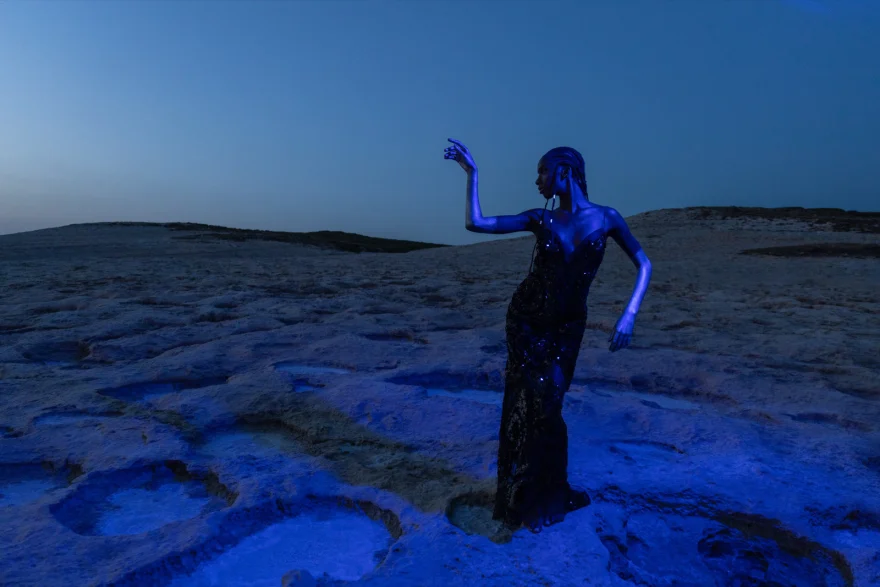 Dreamlike portrait of a white look through a blue circular haze, Ermanno Scervino × SHOT Magazine editorial photographed by Ina Cenusa