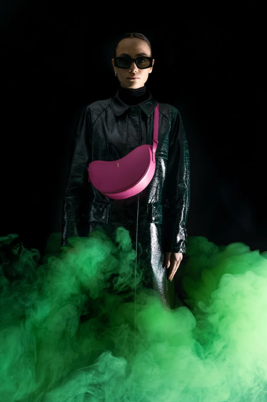 Studio still life of a leather bag on black, Noesi campaign photographed by Ina Cenusa