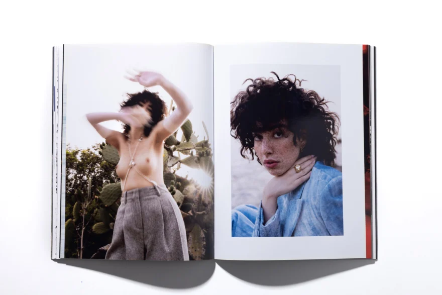 Printed magazine spread with the cactus and blue denim images, SHOT Magazine editorial photographed by Ina Cenusa