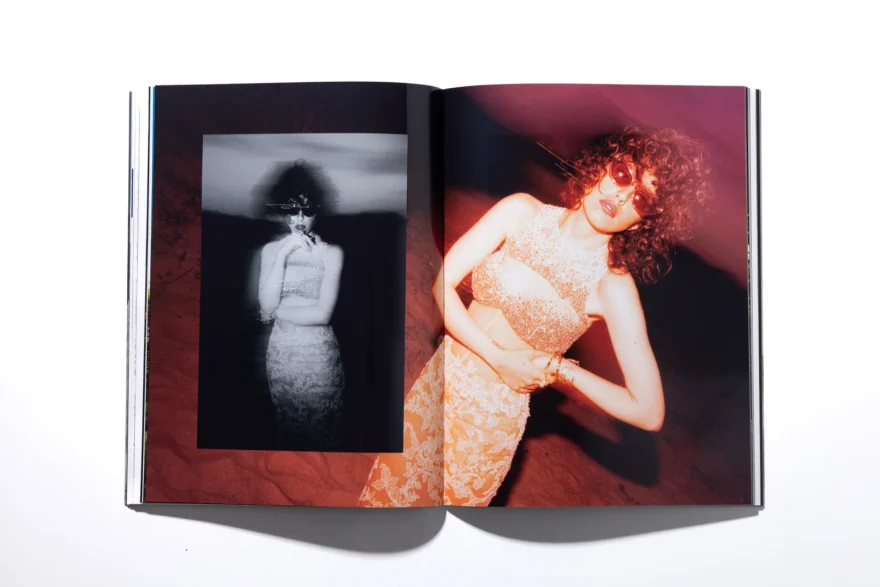 Printed magazine spread with the black and white night image and lace look, SHOT Magazine editorial photographed by Ina Cenusa