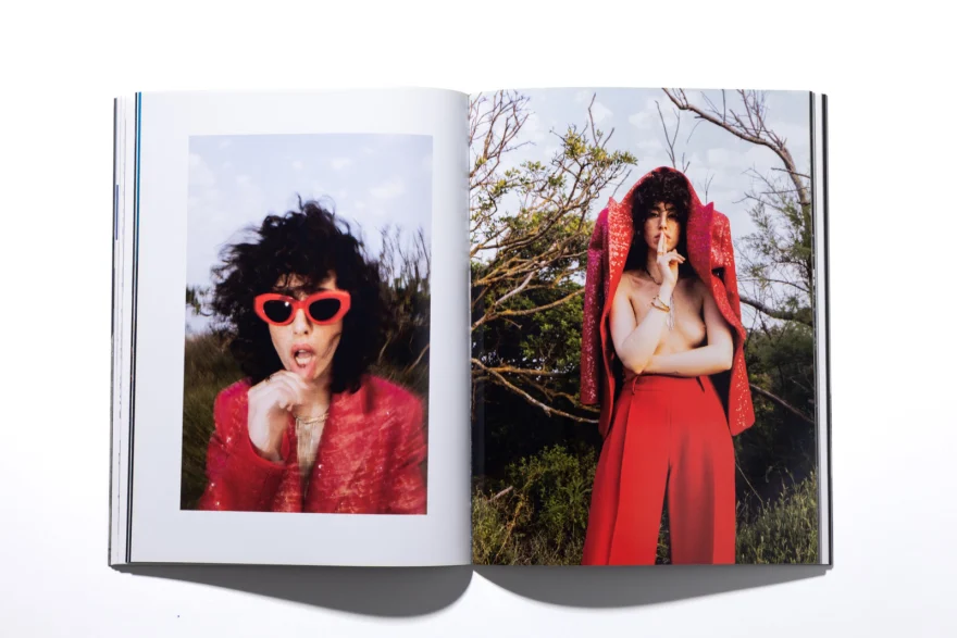 Printed magazine spread with the red sunglasses and red hooded looks, SHOT Magazine editorial photographed by Ina Cenusa