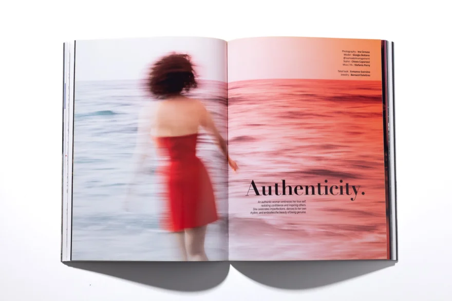 Printed title spread of the Authenticity story in SHOT Magazine, editorial photographed by Ina Cenusa
