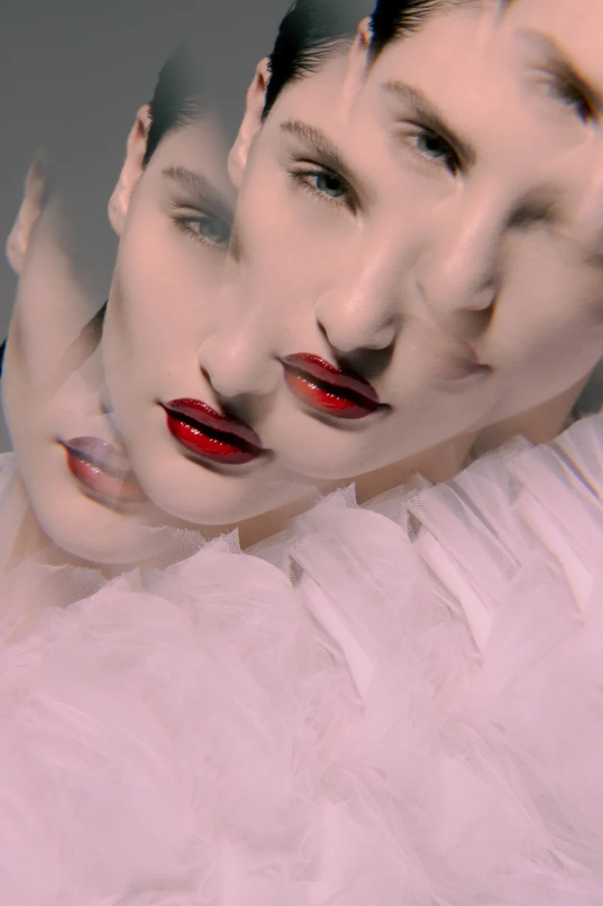 Double-exposure beauty portrait with bold red lips and tulle, SHOT Magazine editorial, photographed by Ina Cenusa