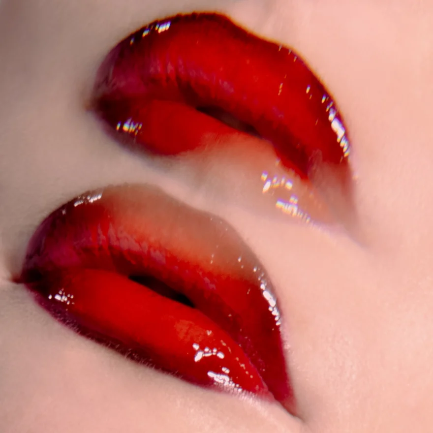 Macro beauty shot of glossy red lips, Aetherial Beauty Whispers for SHOT Magazine, editorial photographed by Ina Cenusa