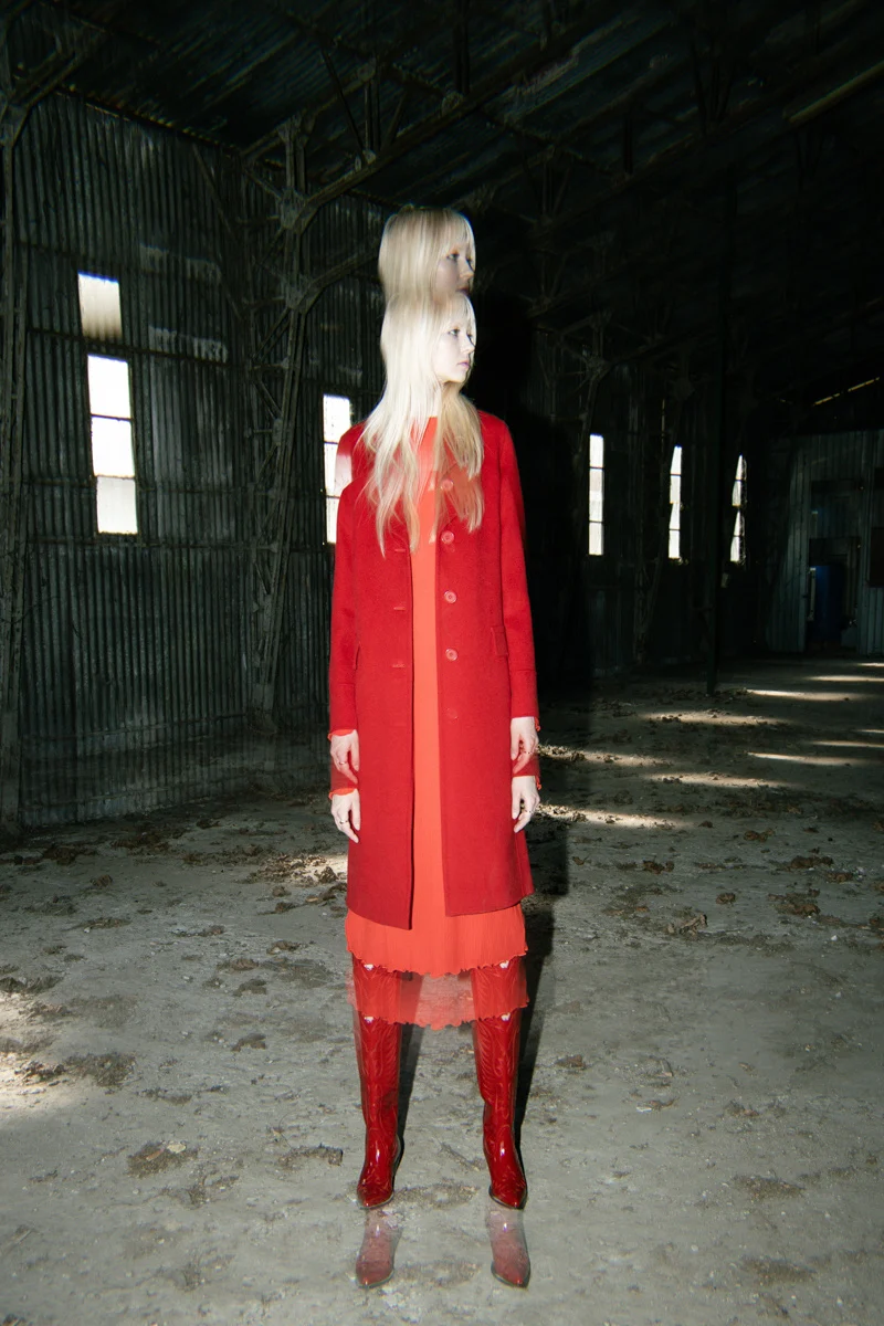 Outerwear detail in industrial surroundings, Mabrun campaign photographed by Ina Cenusa