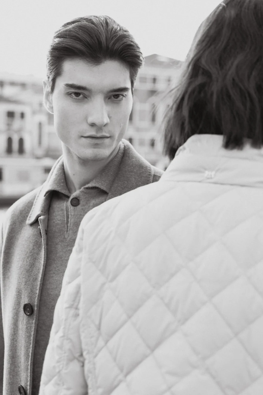 Black and white portrait of two models in quilted outerwear, Mabrun campaign photographed by Ina Cenusa