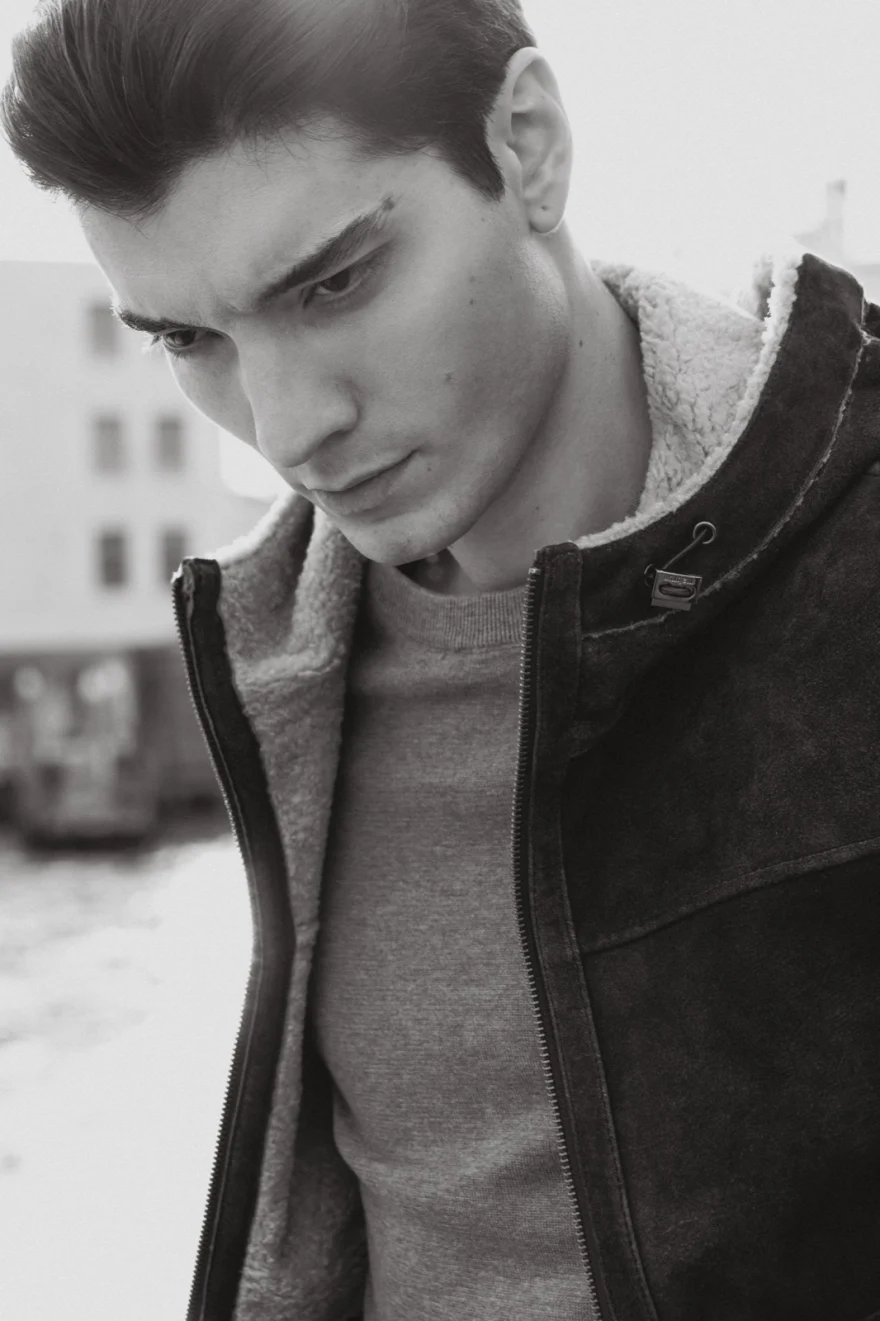 Close portrait in a shearling-lined jacket, Mabrun campaign photographed by Ina Cenusa