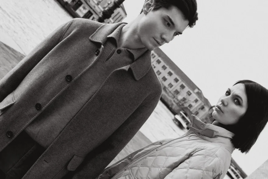 Model in outerwear against Venetian brickwork, Mabrun campaign photographed by Ina Cenusa