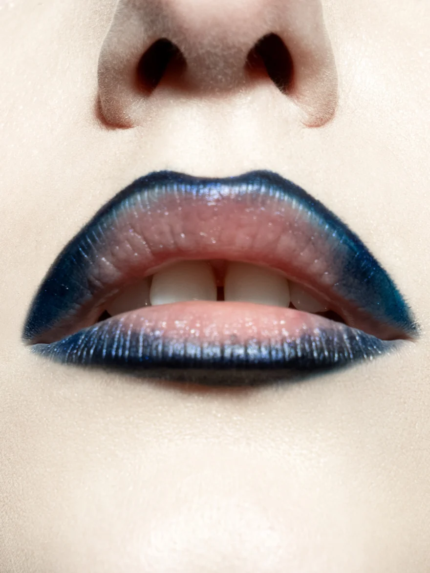 Macro beauty shot of gradient blue and pink lips, SHOT Magazine editorial photographed by Ina Cenusa