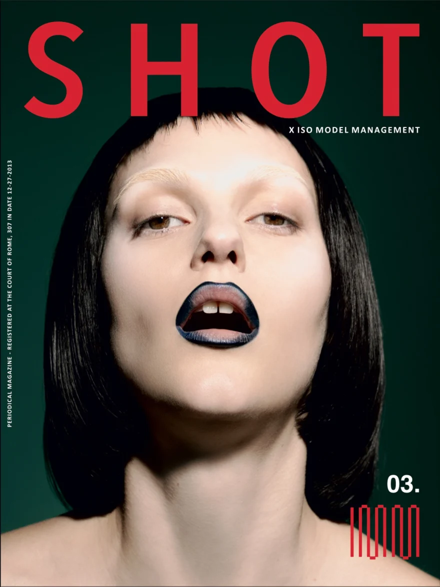 model Sofia Magnabosco with a black bob and blue lips, SHOT Magazine editorial photographed by Ina Cenusa