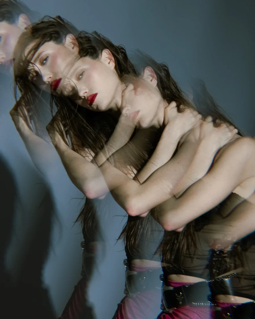 Multiple-exposure portrait of the dancer with red lips, SHOT Magazine editorial photographed by Ina Cenusa