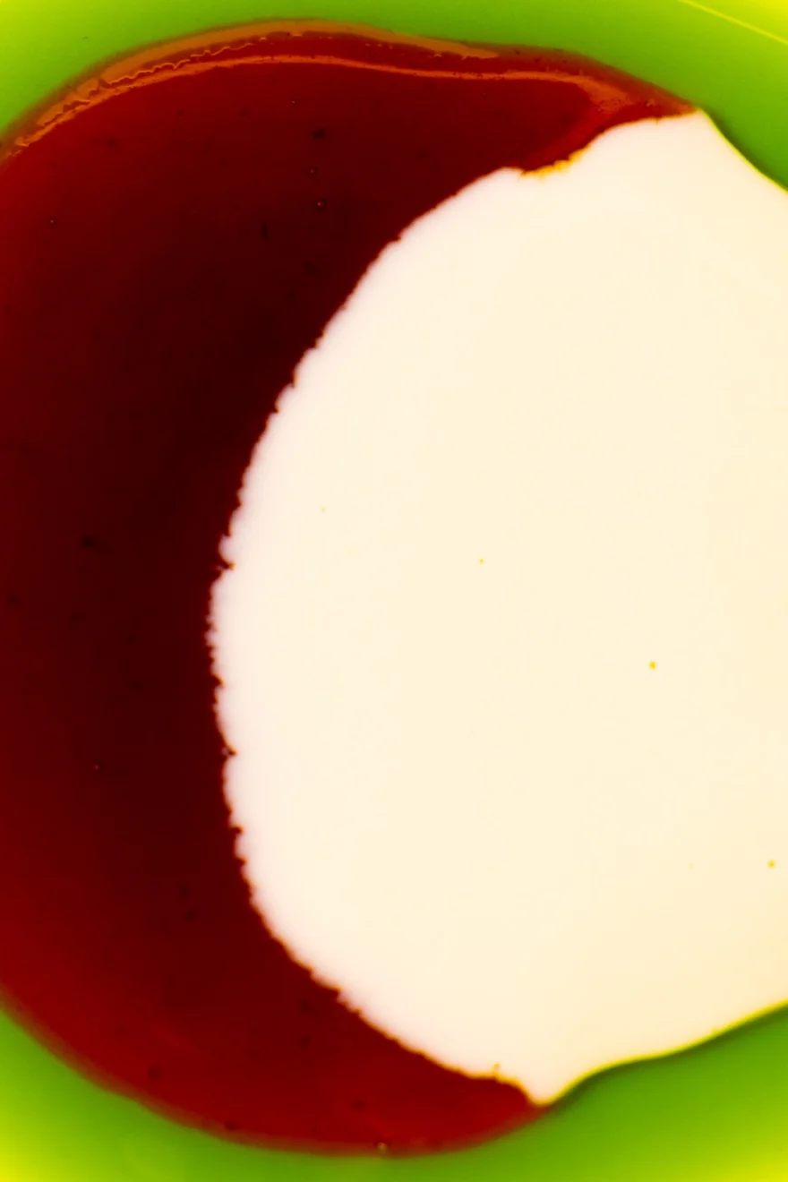 Half circle of cream set on a red plate with a green rim, Fuoco Sacro campaign photographed by Ina Cenusa