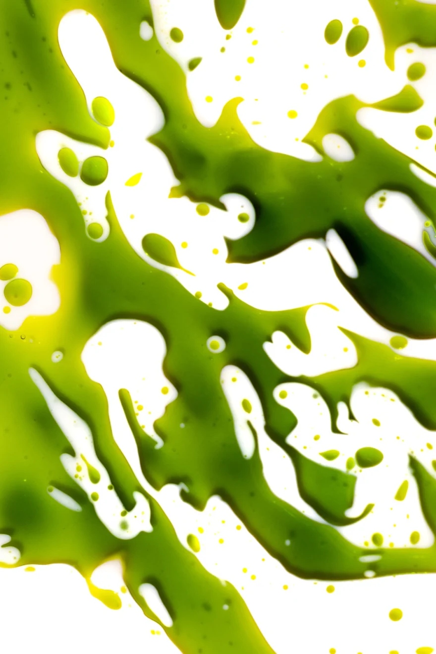 Bright green liquid splashed across a white surface, Fuoco Sacro campaign photographed by Ina Cenusa