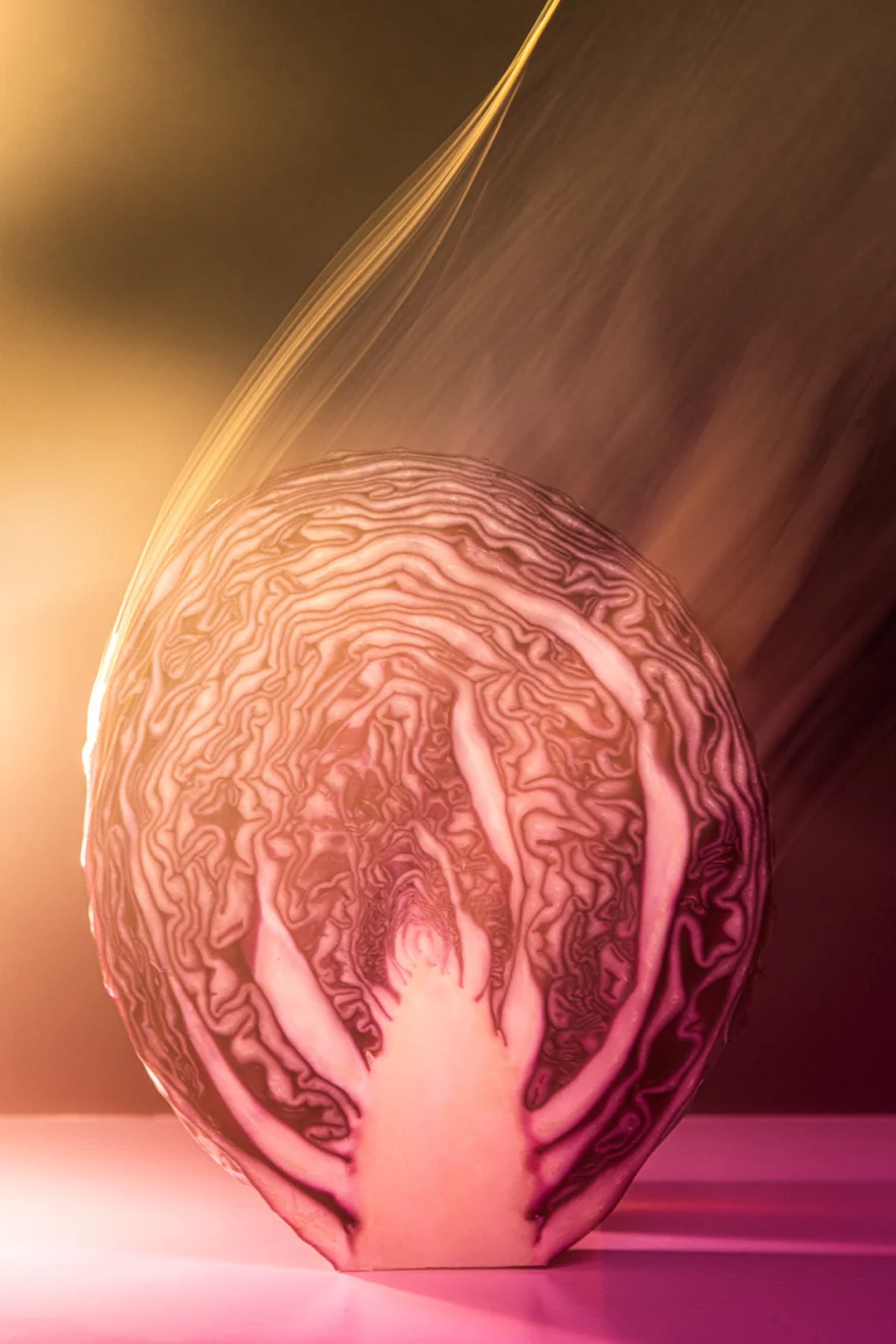 Red onion enclosed in glass under pink light, Fuoco Sacro campaign photographed by Ina Cenusa