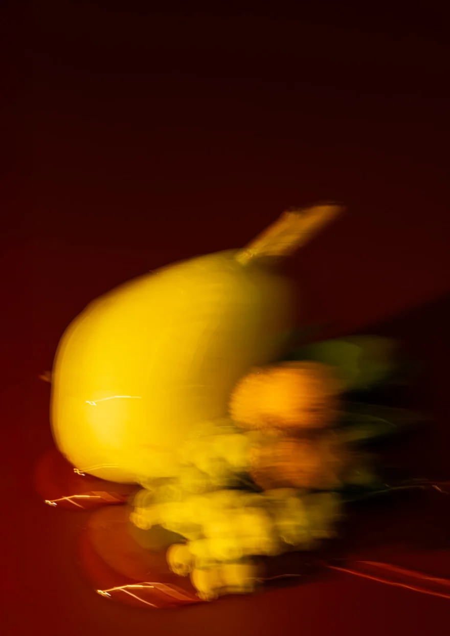 Yellow squash and grapes swept into motion blur on a deep red ground, Fuoco Sacro campaign photographed by Ina Cenusa