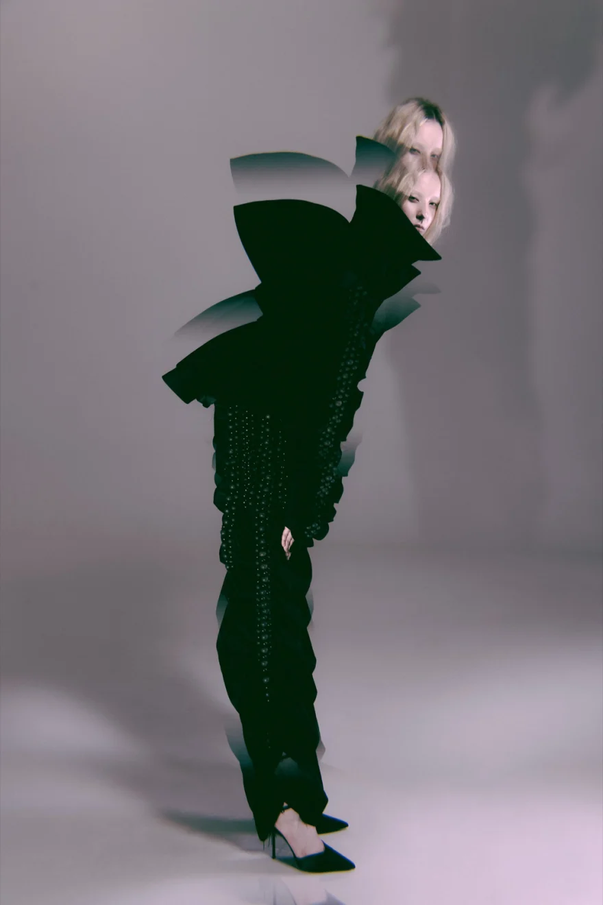 Bent silhouette of a model in a sculptural black look with heels, layered double exposure, SHOT Magazine editorial photographed by Ina Cenusa