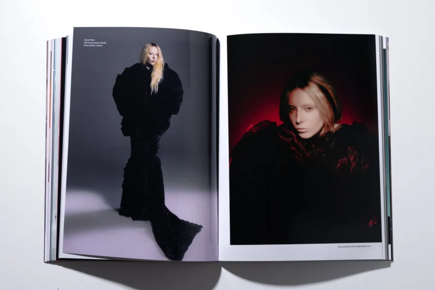 Printed magazine spread with the black ruffled gown and the red-lit portrait, SHOT Magazine editorial photographed by Ina Cenusa