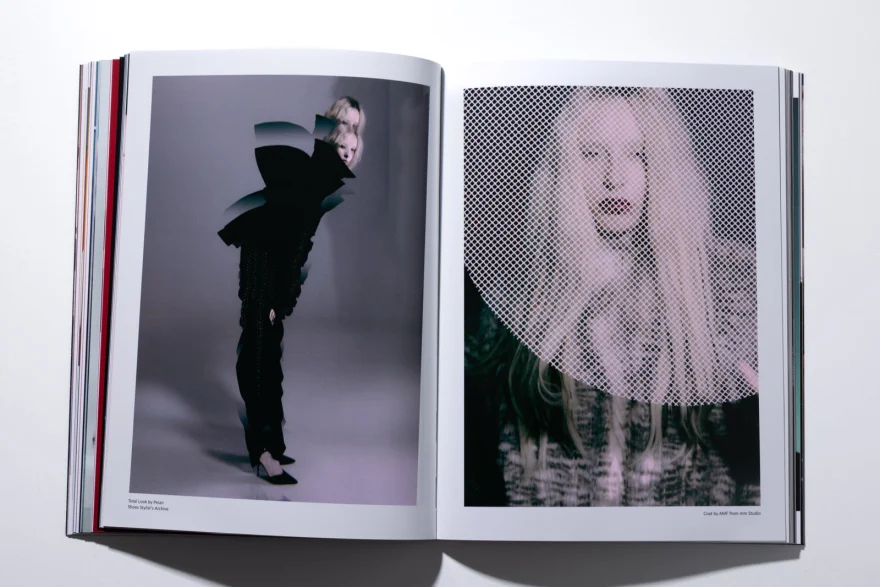 Printed magazine spread with the sculptural black look and the halftone mesh portrait, SHOT Magazine editorial photographed by Ina Cenusa