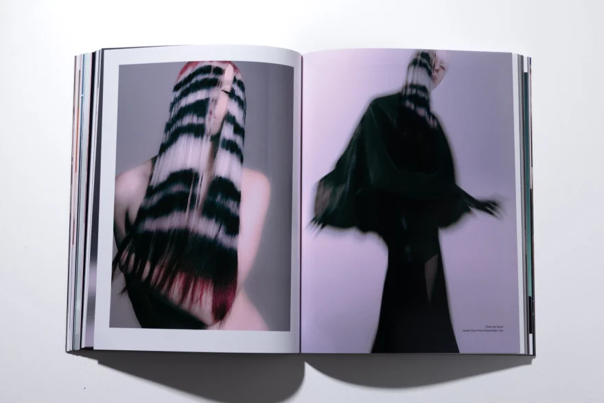 Printed closing spread of the Albedo story with the striped hair and dark cape images, SHOT Magazine editorial photographed by Ina Cenusa