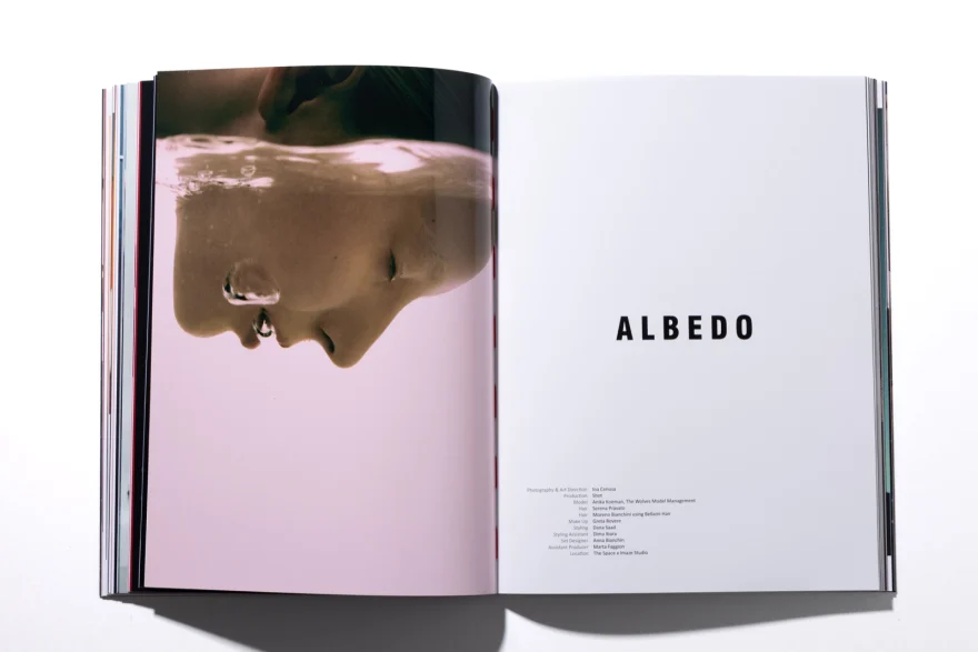 Printed title spread of the Albedo story in SHOT Magazine, with the underwater portrait and full credits, editorial photographed by Ina Cenusa
