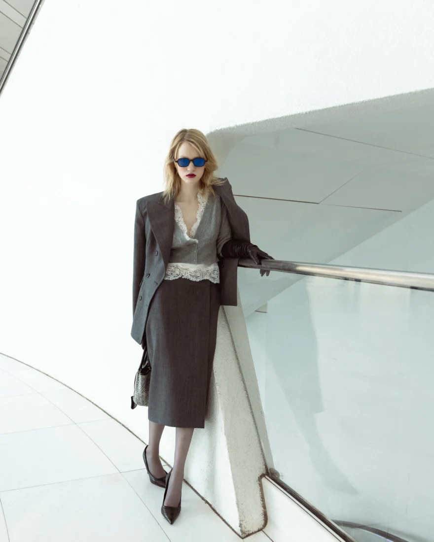 Coat billowing in motion on the pavement, Ermanno Scervino campaign photographed by Ina Cenusa