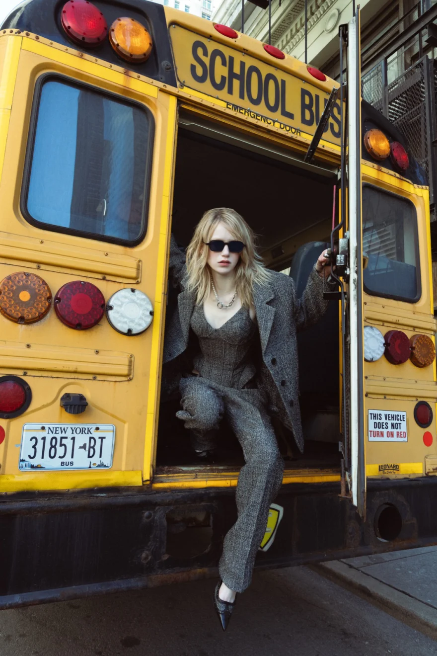 Model with a leather bag on the subway stairs, Ermanno Scervino campaign photographed by Ina Cenusa