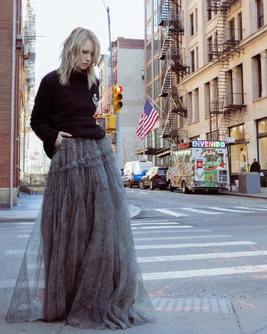Hair caught in motion against a city street, Ermanno Scervino campaign photographed by Ina Cenusa