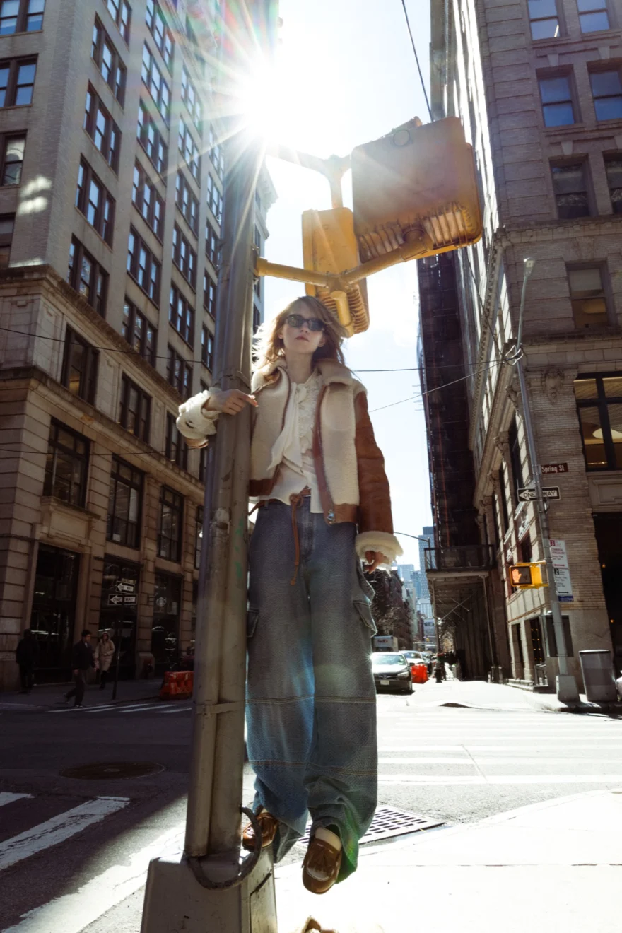 Portrait in sunglasses against a New York facade, Ermanno Scervino campaign photographed by Ina Cenusa