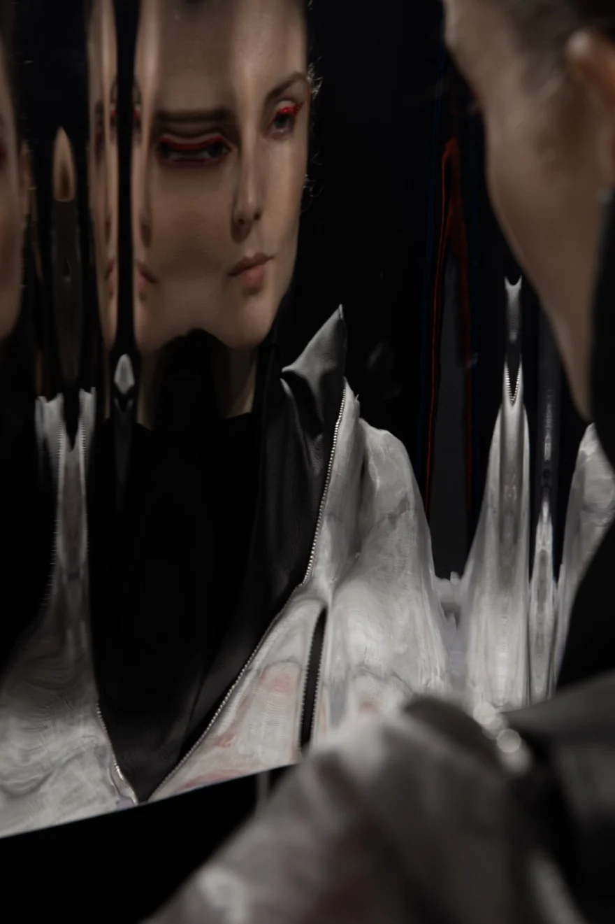 Black and white portrait fragmented by mirror shards, personal project photographed by Ina Cenusa