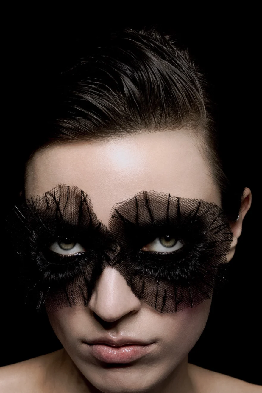Beauty portrait with a black lace mask drawn across the eyes, SHOT Magazine editorial photographed by Ina Cenusa