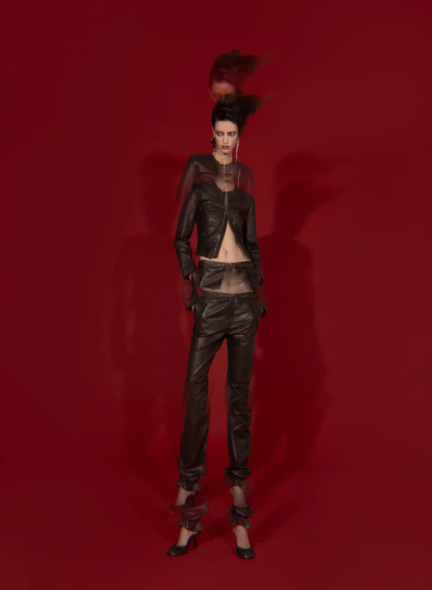 Structured leather look and sculptural hair on a dark red ground, SHOT Magazine editorial photographed by Ina Cenusa