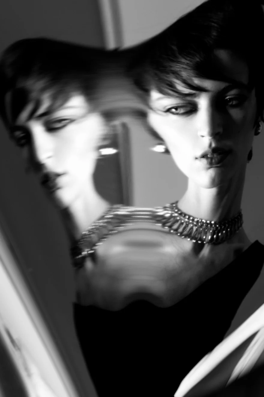 Mirrored double portrait with chain jewellery in low light, SHOT Magazine editorial photographed by Ina Cenusa