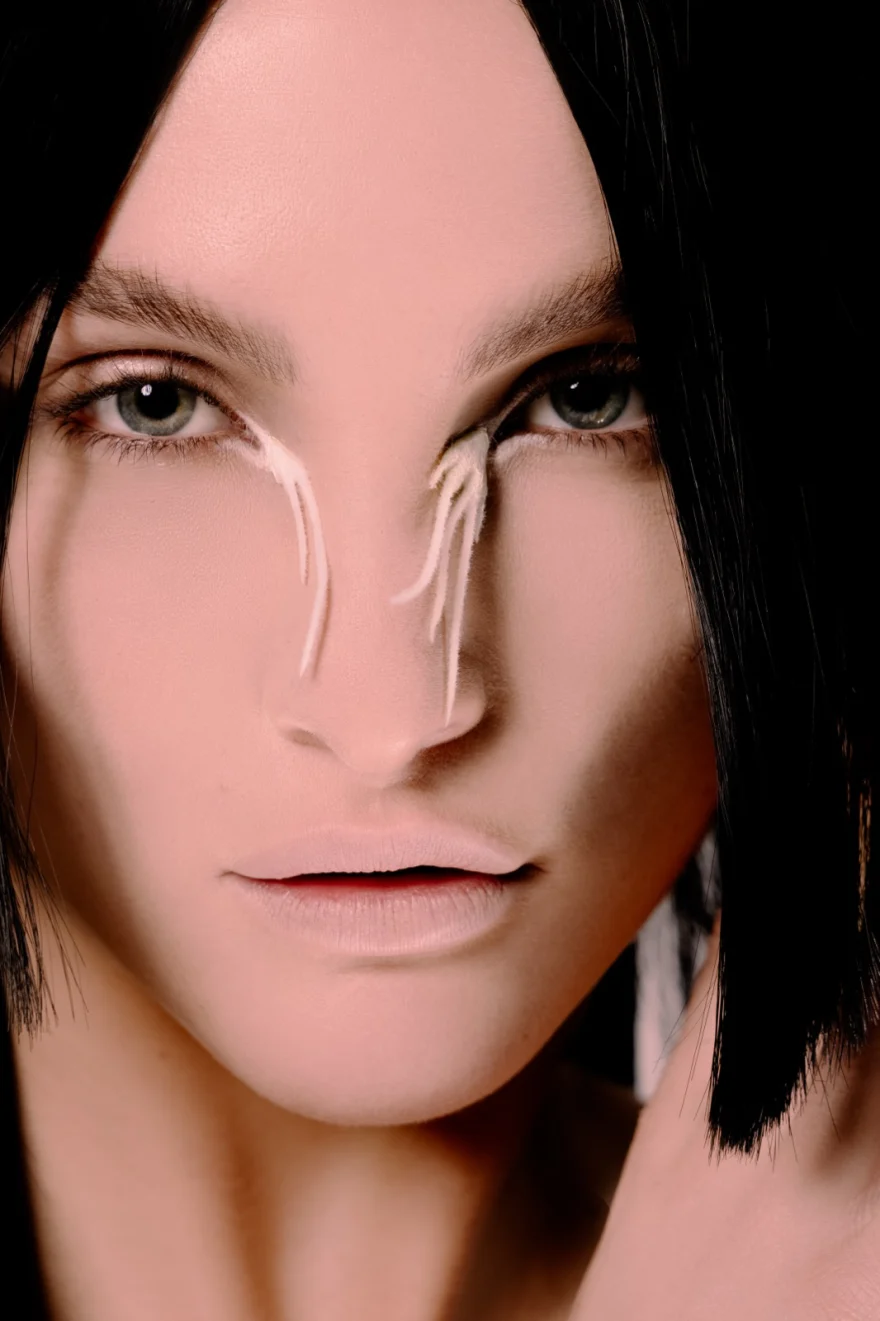 Beauty portrait with liquid metal shapes across the face, SHOT x Iso Model Management photographed by Ina Cenusa