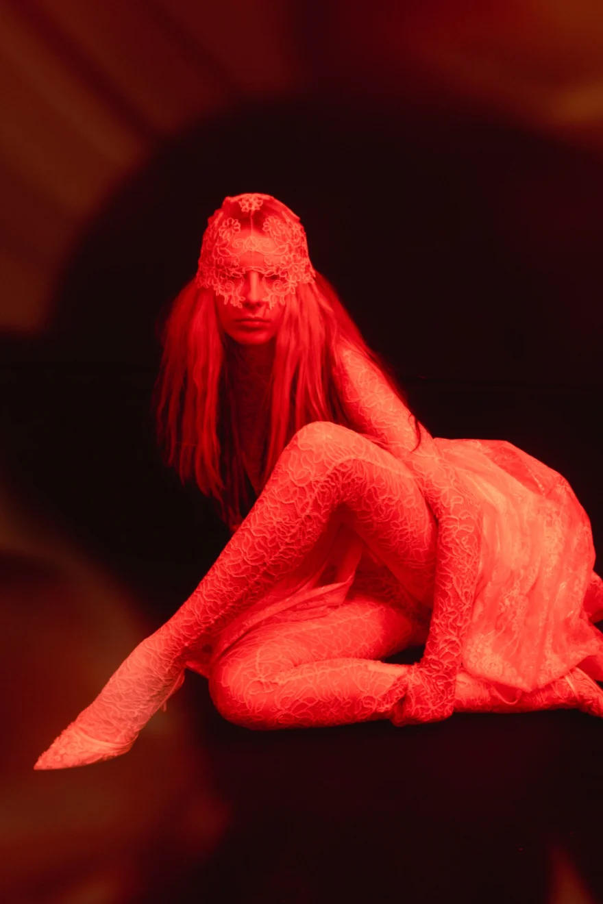 Figure reclining in deep red light, SHOT Magazine editorial, photographed by Ina Cenusa